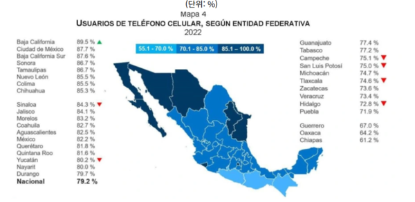 2022년 멕시코 주(州)별 휴대전화 사용자 비중 (자료: INEGI)