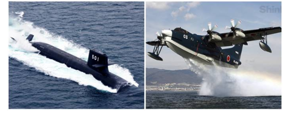 잠수함 '소류'(사진 왼쪽, 호주) 구난비행정 US-2 각각 호주, 인도에 첫 대형무기 수출 시도했으나 수주에 실패 (자료: 국방성, 신메이, 산업성)