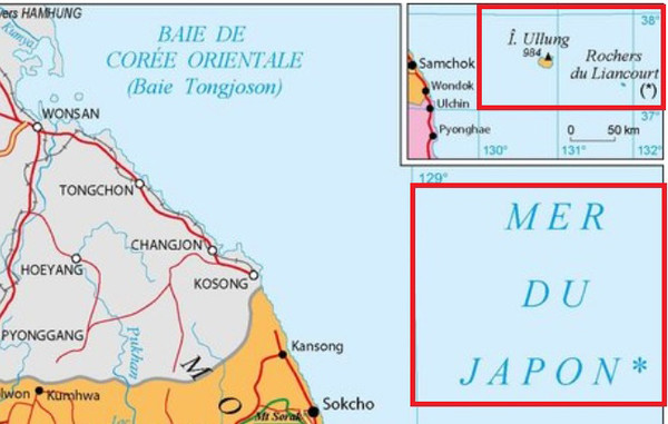 주한 프랑스대사관 지도에는 동해가 아닌 '일본해'로, 독도가 아닌 '리앙쿠르 록스'로 표기했다. (빨간색 네모 친 부분)